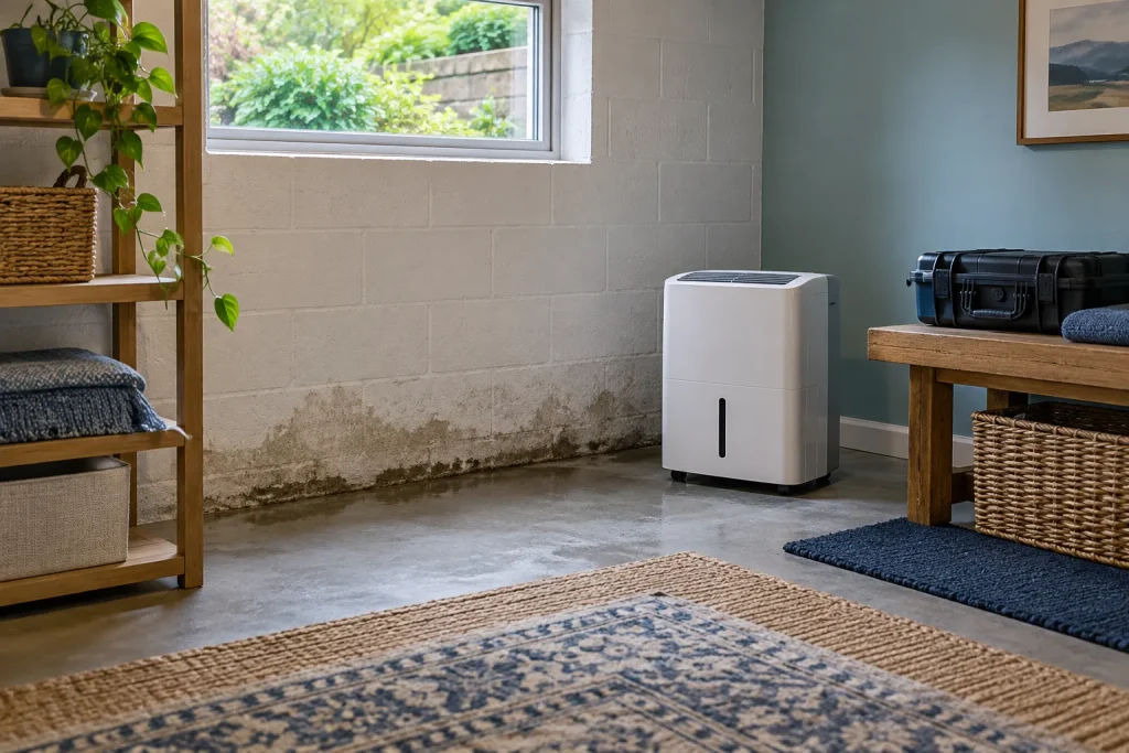 Illustration of a lower-level room with dampness at a wall edge and unused drying equipment on the dry side.
