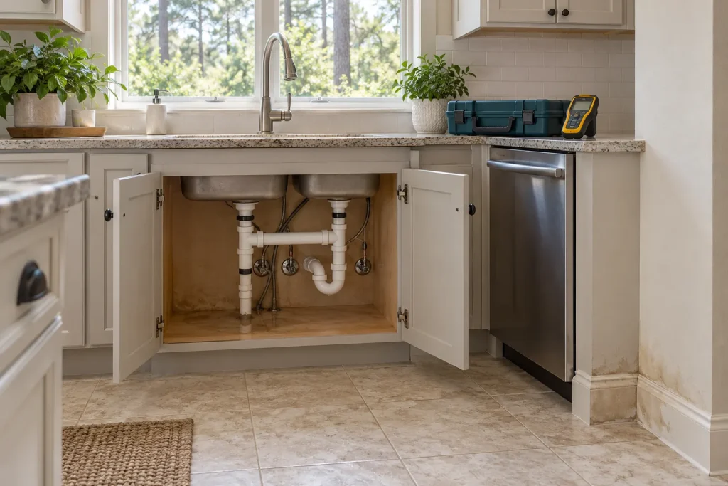 Illustration of an open sink cabinet and nearby moisture staining, with assessment tools on a dry counter.