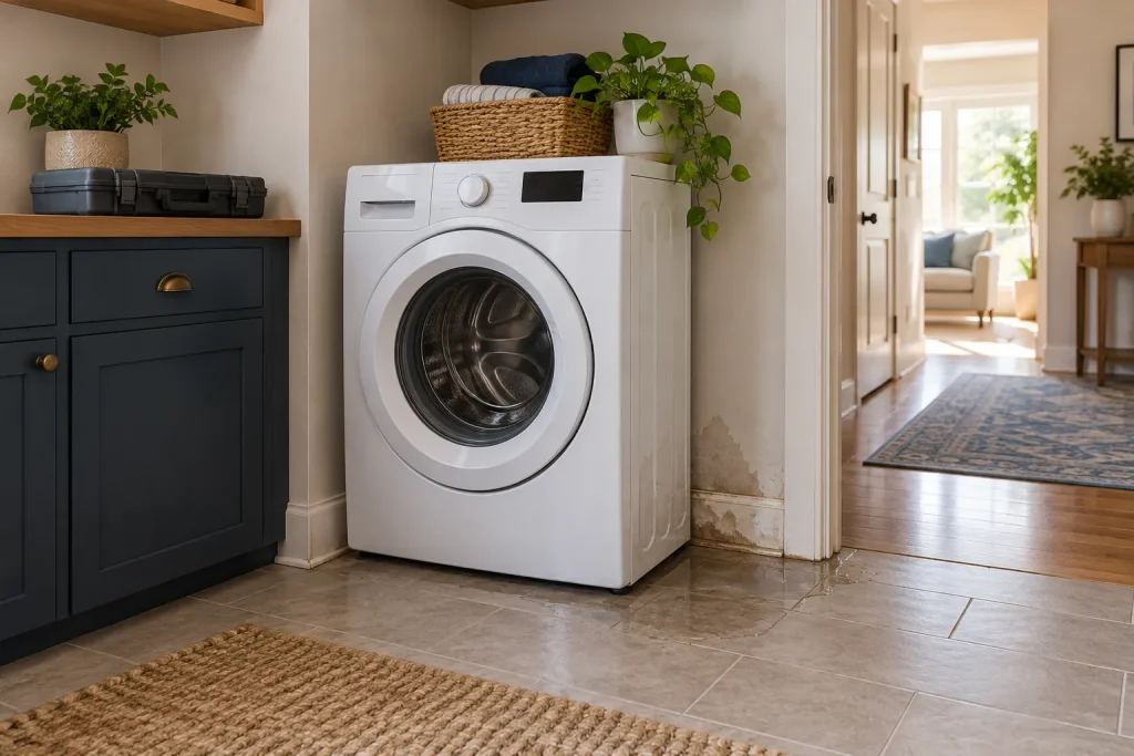 Illustration of moisture beside a washer and baseboard, with a closed inspection case on a dry counter.