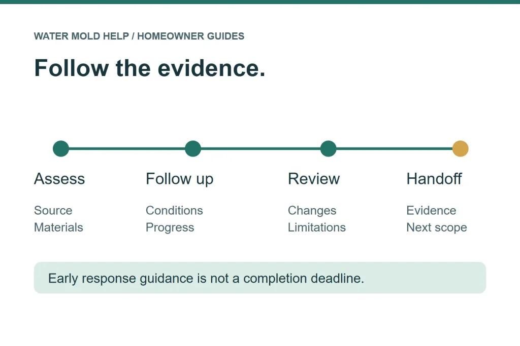 Diagram showing assessment, follow-up, review and handoff as drying checkpoints without a fixed timeline.
