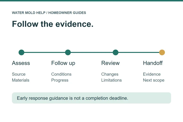 Diagram showing assessment, follow-up, review and handoff as drying checkpoints without a fixed timeline.