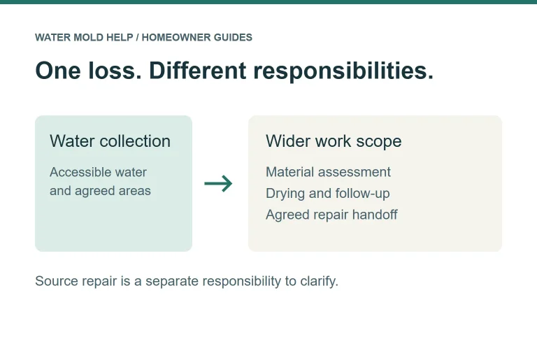 Diagram separating collection of accessible water from material assessment, drying and an agreed repair handoff.