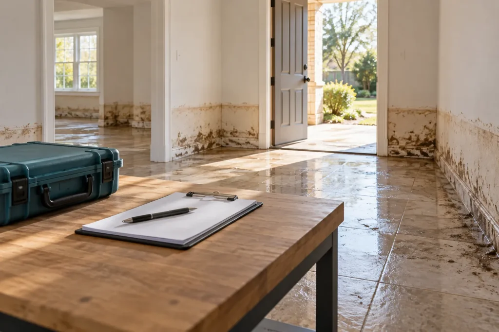 Illustration of a flood waterline and mud residue in a residential room, with assessment materials on a raised table.