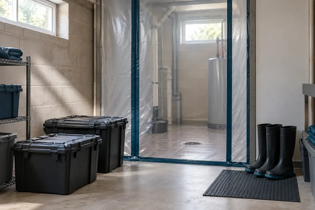 Illustration of an isolated utility-room work zone viewed from the clean side of a closed barrier.