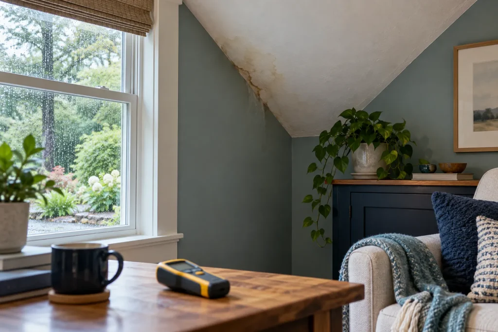 Illustration of a ceiling-edge rain stain beside a window, with a moisture meter on a dry table.