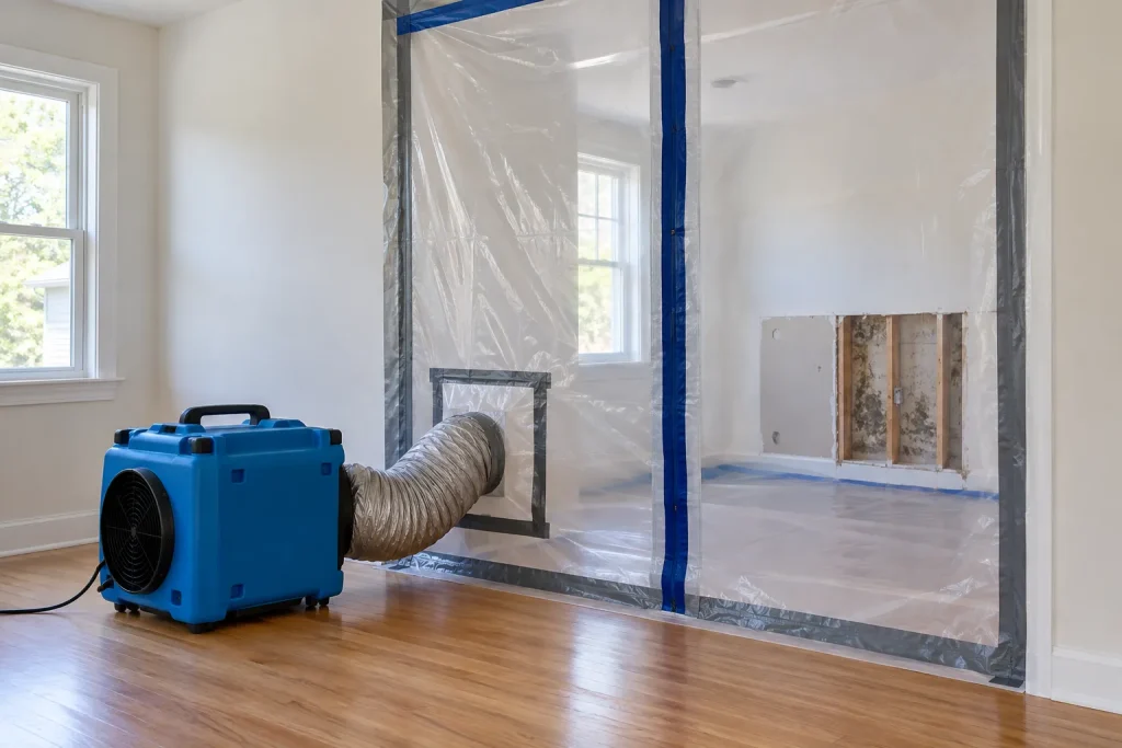 Illustration of a sealed containment barrier and air filtration equipment in a residential room.