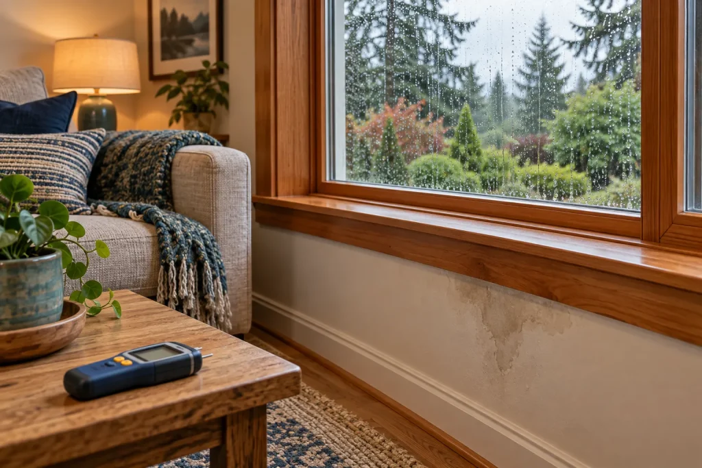Illustration of rain on a residential window with a damp wall below its sill and a moisture meter on a dry table.