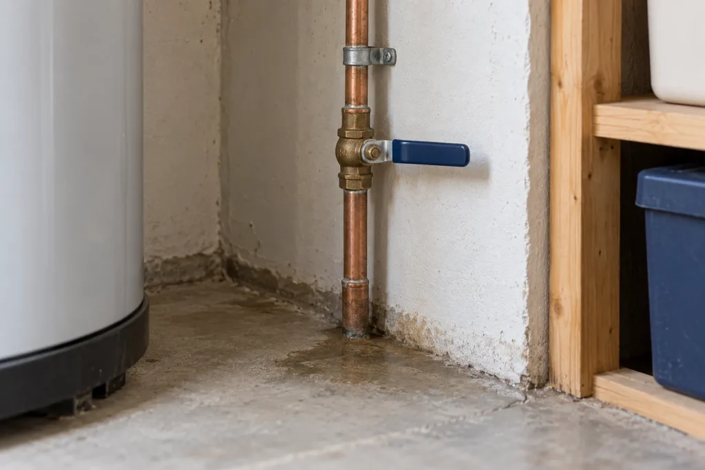 Illustrative utility corner showing a simple supply pipe and a small moisture mark after a leak.