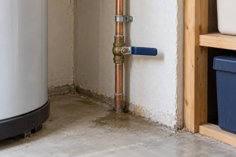 Illustrative utility corner showing a simple supply pipe and a small moisture mark after a leak.
