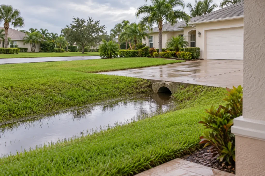 Illustration of a residential drainage swale and driveway culvert after rain.
