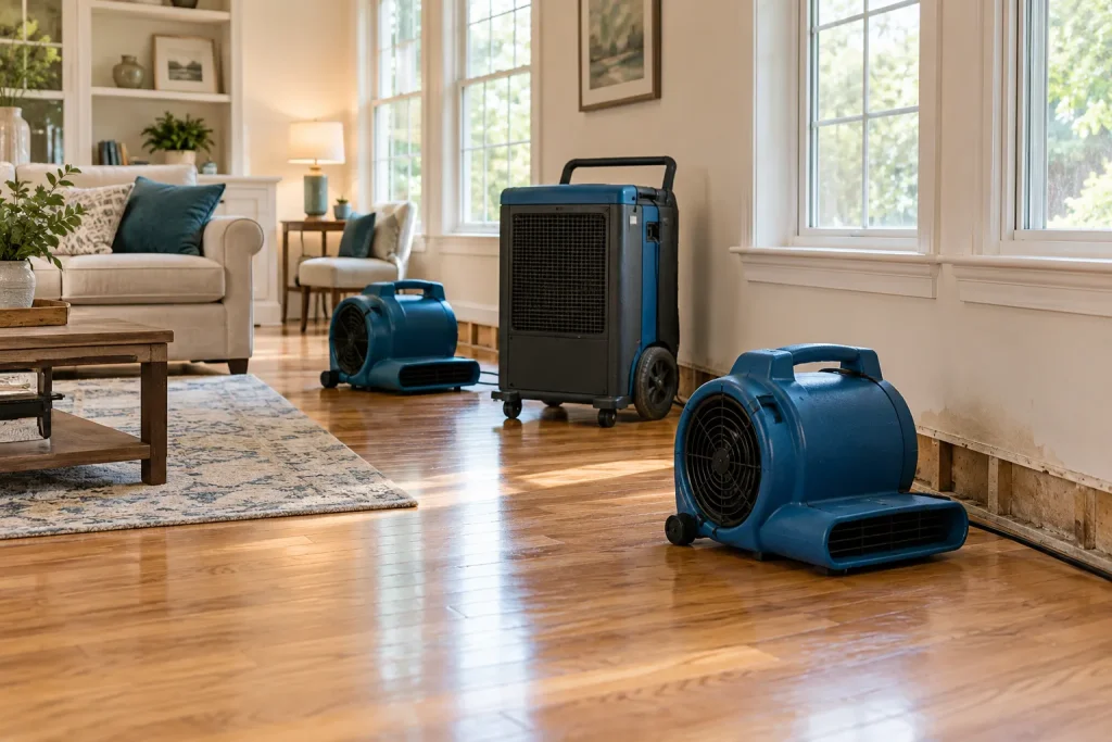 Illustration of air movers and a dehumidifier drying a water-damaged residential room.