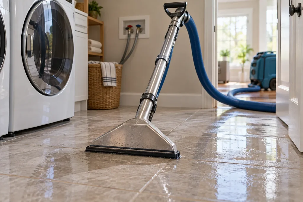 Illustration of an extraction wand and hose on a damp residential laundry-room floor.