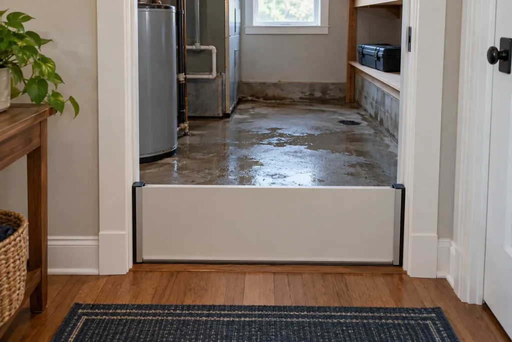 Illustrative utility-room doorway with a barrier separating the dry hallway from an affected room.