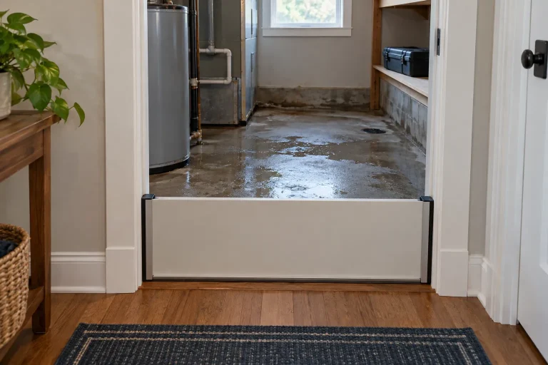 Illustrative utility-room doorway with a barrier separating the dry hallway from an affected room.