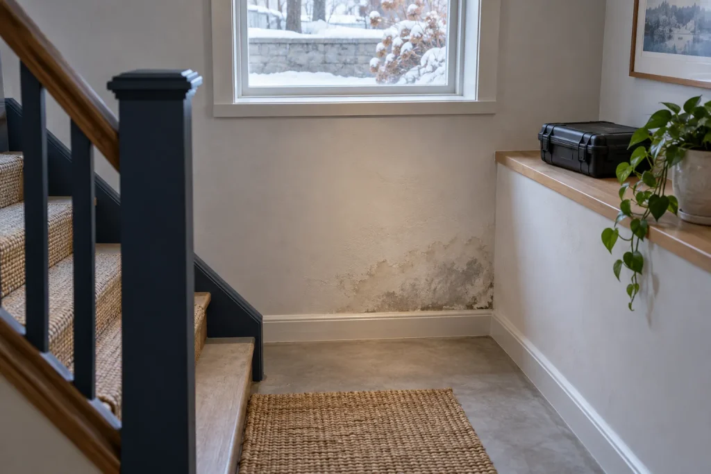 Illustration of moisture at a lower-level wall beside a stair landing, with winter daylight through a high window.