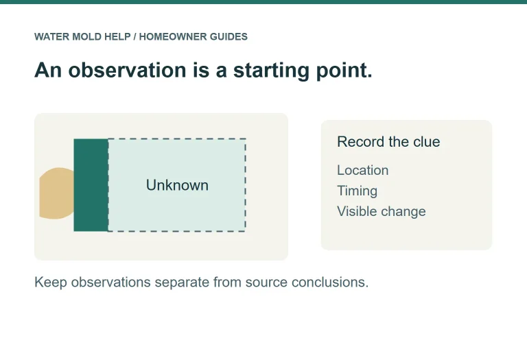 Conceptual cutaway contrasting a visible stain with an unassessed concealed area, with an observation record beside it.
