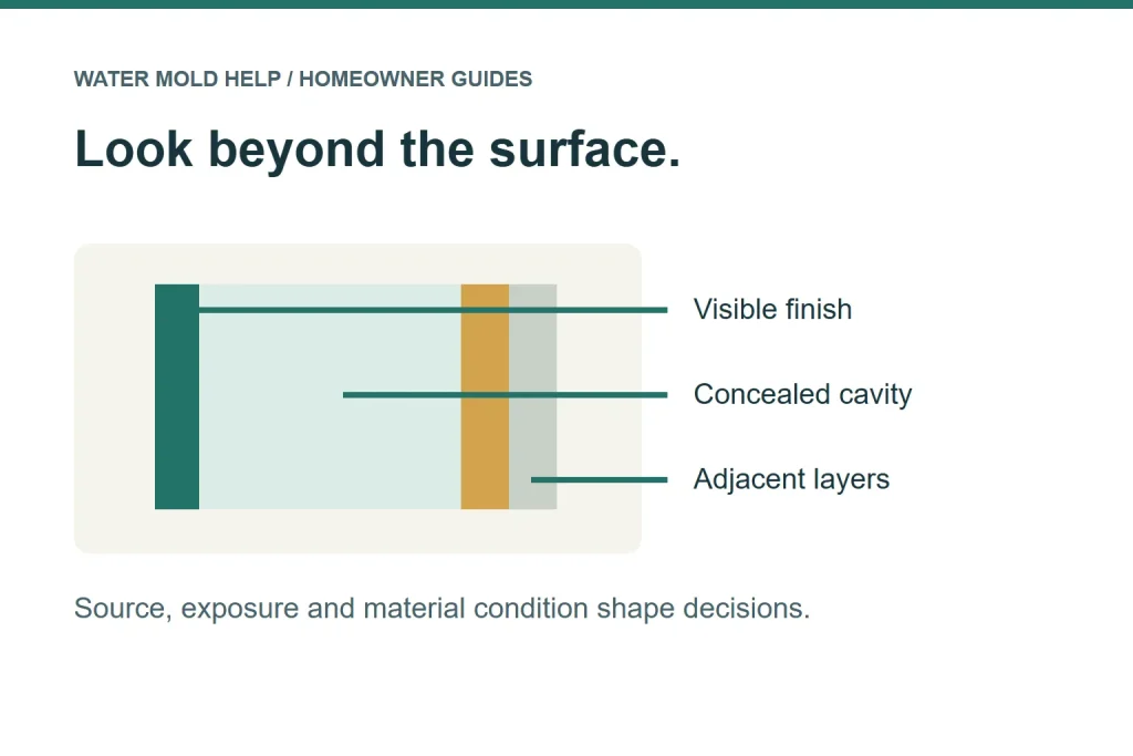Conceptual wall section identifying the visible finish, cavity and adjacent layers as separate assessment questions.