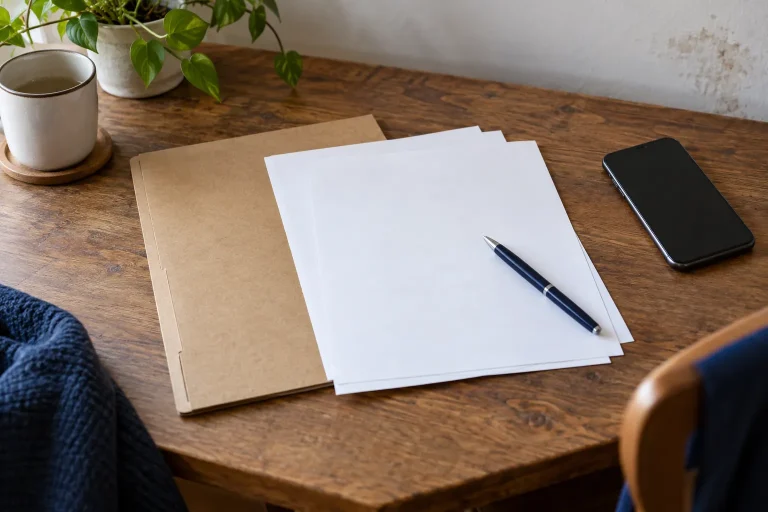 Illustrative dry workspace with a document folder, blank papers and a phone for organizing a water-loss record.