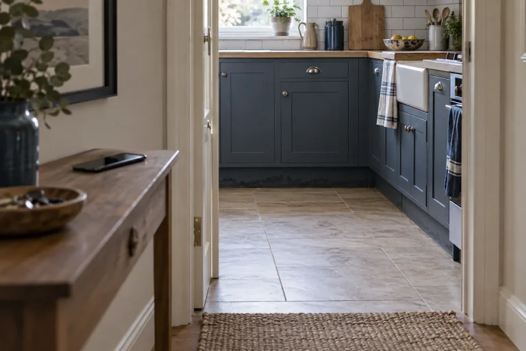 Illustrative view from a dry hallway toward a damp kitchen cabinet base, with a phone on a dry console.