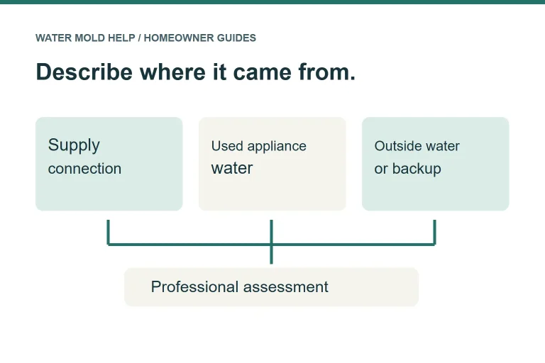 Three observed water routes—supply connection, used appliance water and outside water or backup—lead to professional assessment.