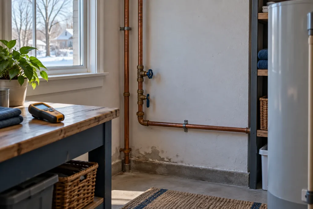 Illustration of a winter utility-room assessment, with supply piping, a moisture mark and a meter on a dry bench.